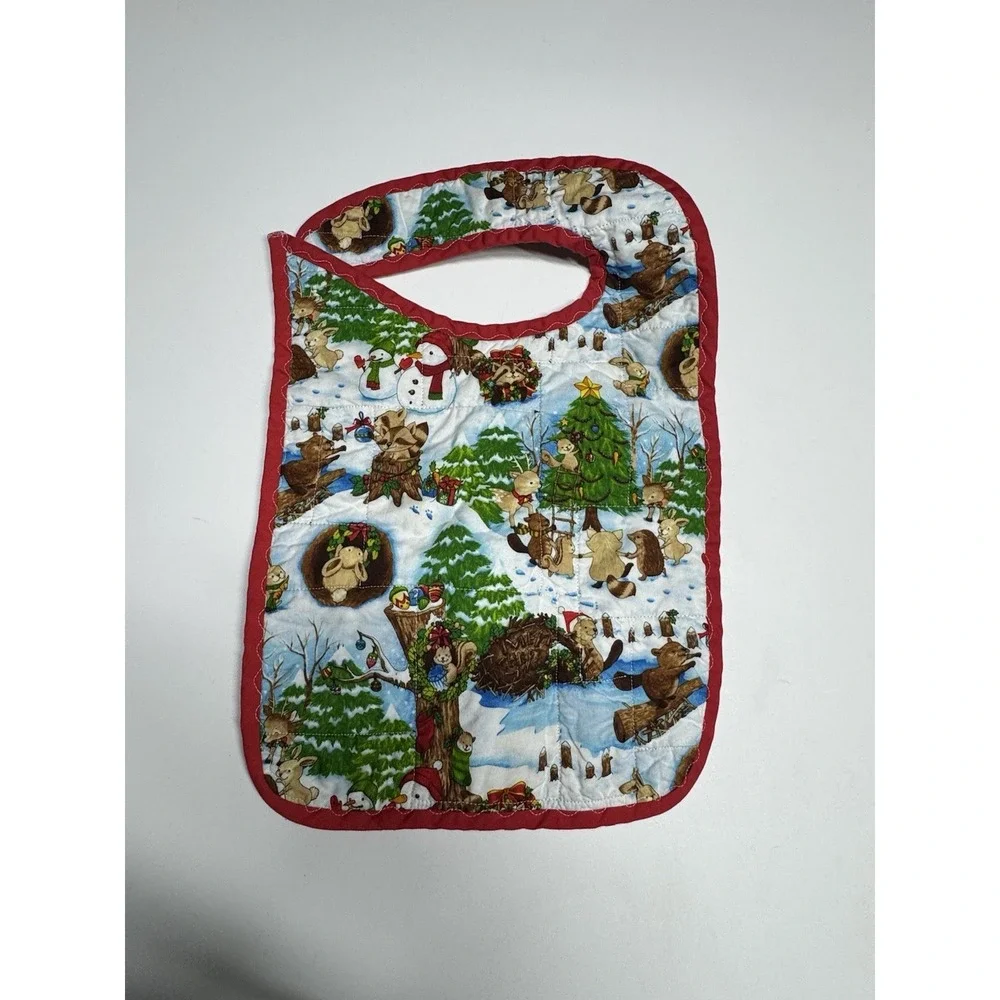 Vintage Baby's Christmas Reindeer Wildlife Bib Terry Cloth 1980's